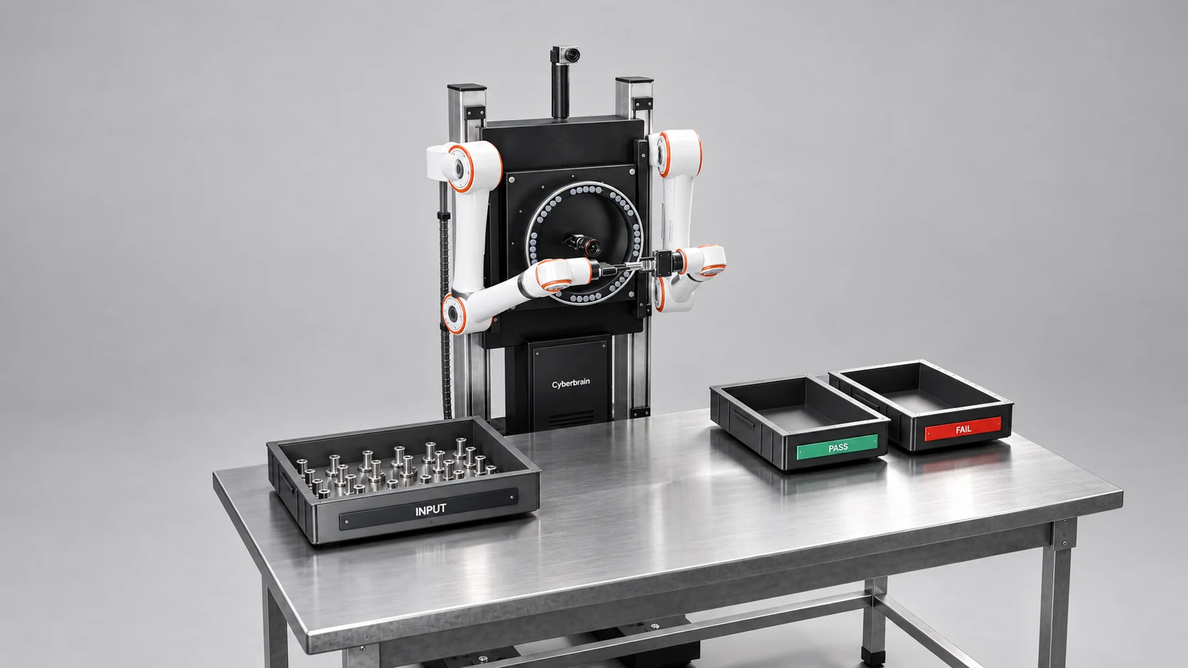 Development concept of a dual-arm Cyberbrain inspection workcell with vision cameras, ring lighting, and input, pass and fail trays on a steel workbench.
