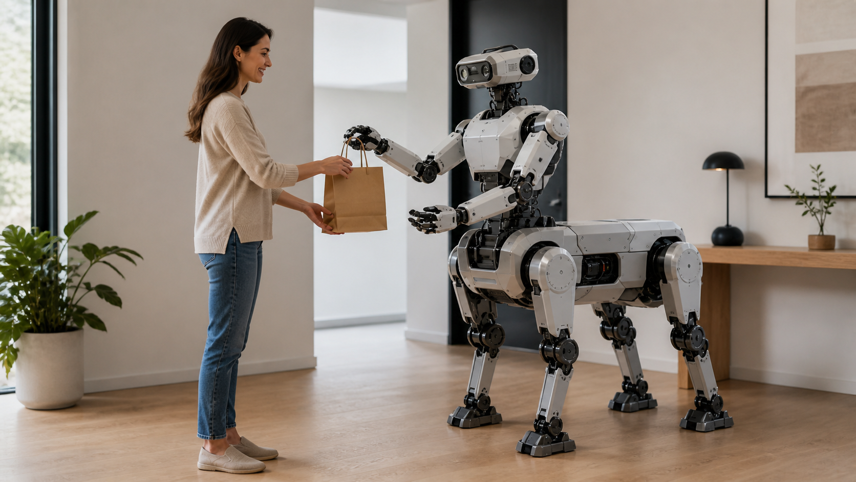 Robot helps a person carrying groceries at the door