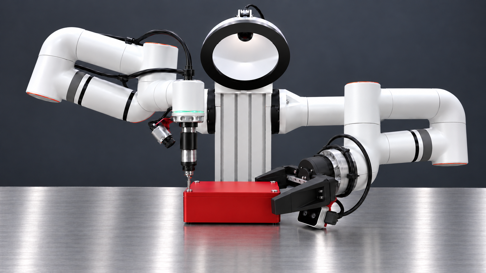 Concept of the industrial workstation using a screwdriving tool while the other arm holds a part; hardware in development